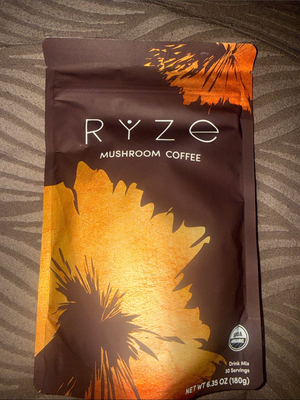Organic Mushroom Coffee Blend in Brown & Gold Packaging